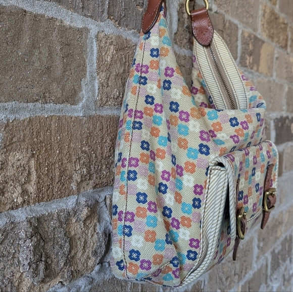 Fossil Tate Hobo Shoulder Bag Natural Floral Canvas Leather Y2K - Picture 6 of 15